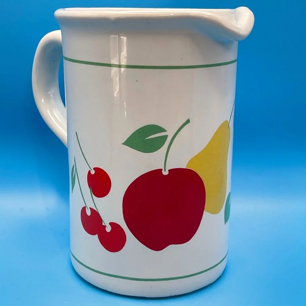 Vintage Fruit Ceramic Pitcher White Apple Pear Strawberry Cherry 80s 90s Country